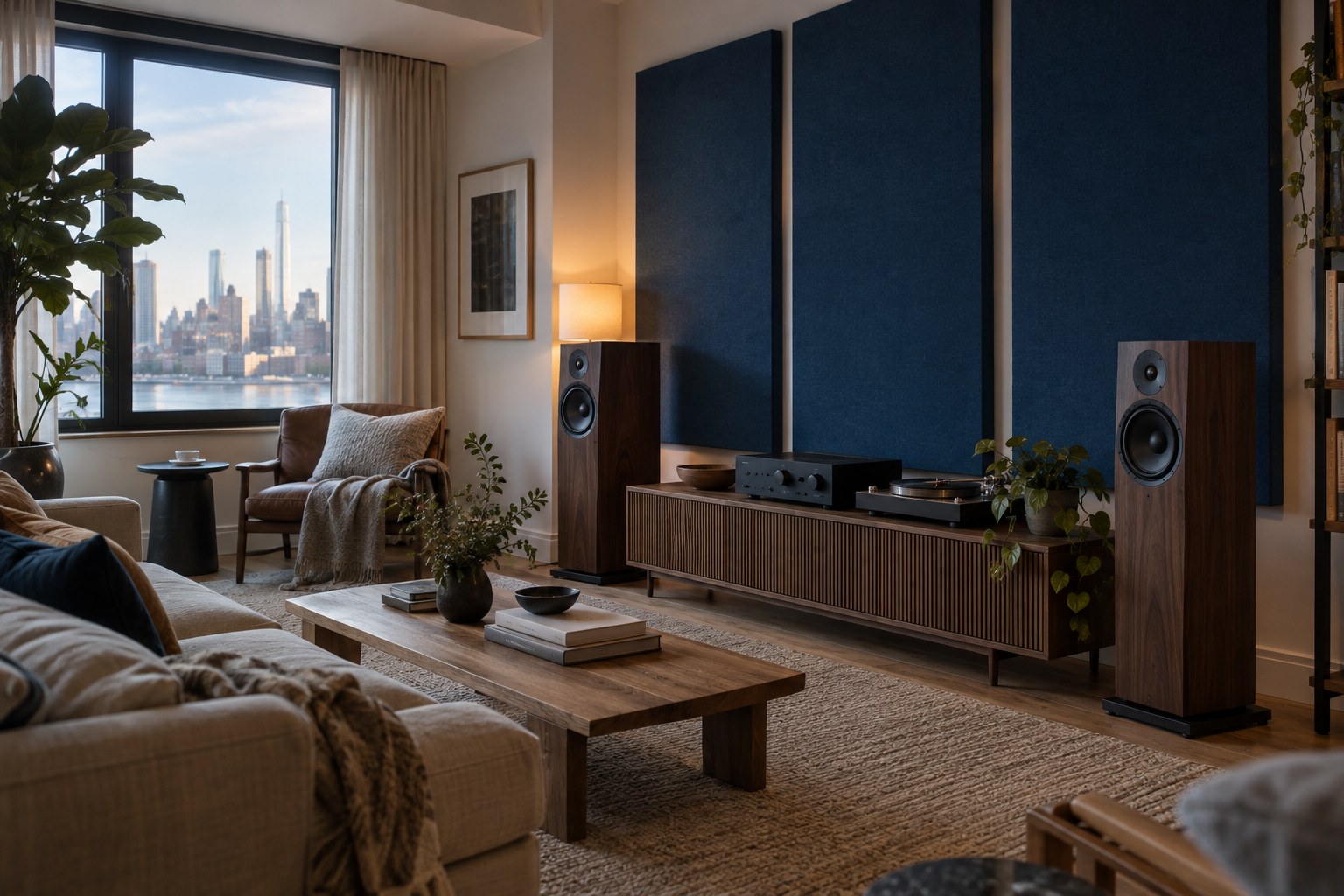 A refined living room with a two-channel stereo system and wall-mounted acoustic treatment