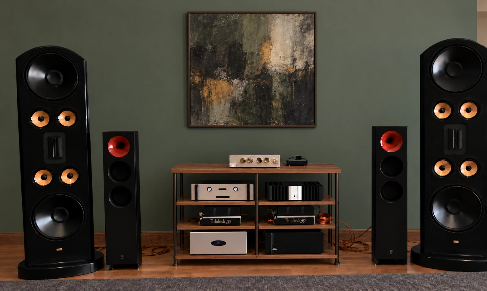A Legacy Audio Whisper system arranged along the wall of a home listening room