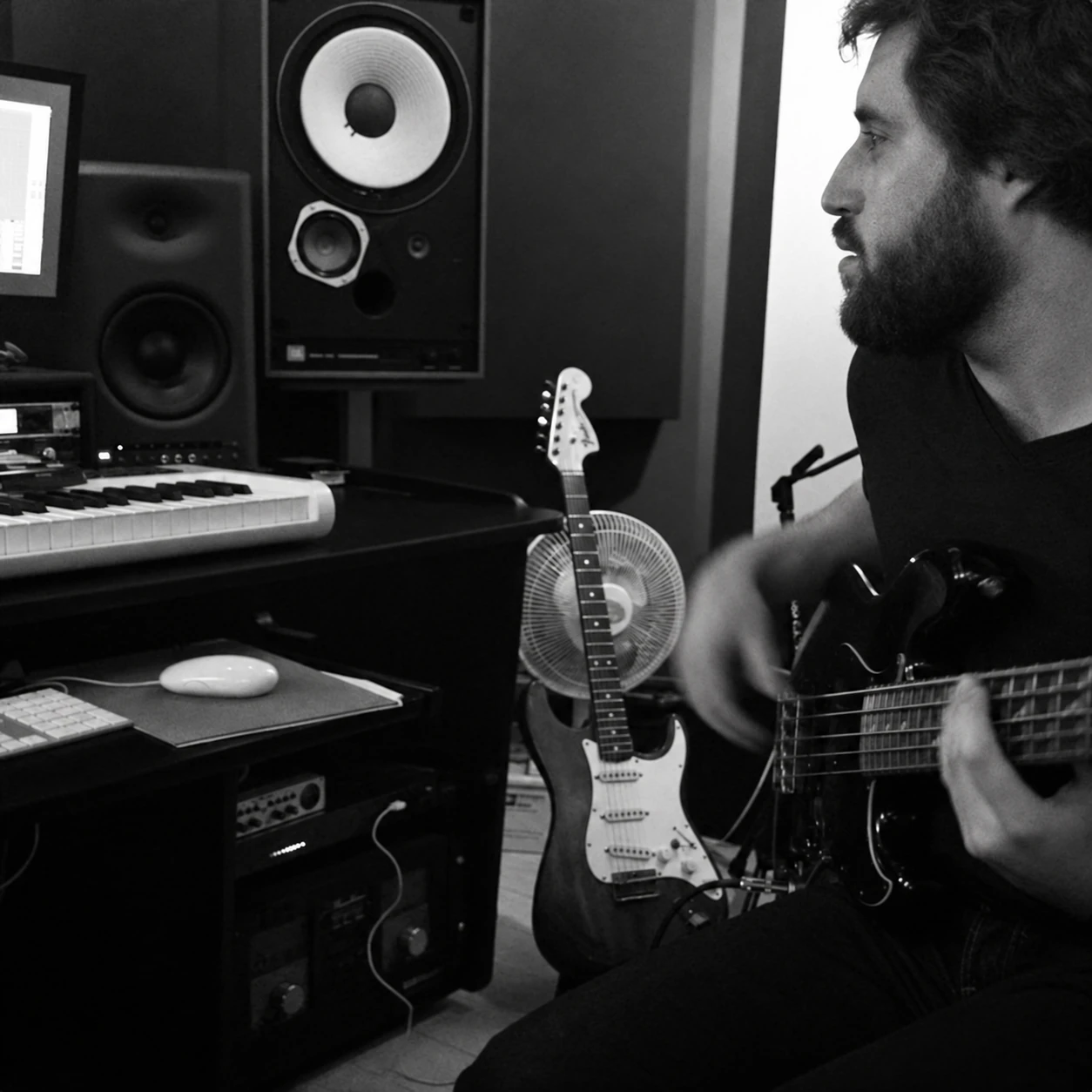 Josh playing bass in a recording studio